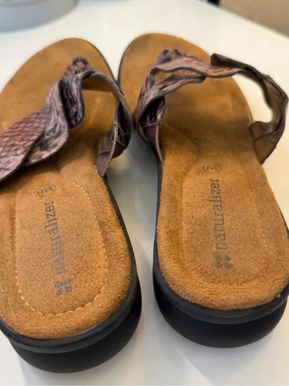 Naturalizer Braided Snake-Print Thong Sandals in Pink and Brown